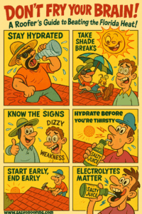 Roofer’s guide to beating the Florida heat – safety tips for staying hydrated, avoiding heat illness, and working safely on roofs in Cape Coral, Fort Myers, and SW Florida.