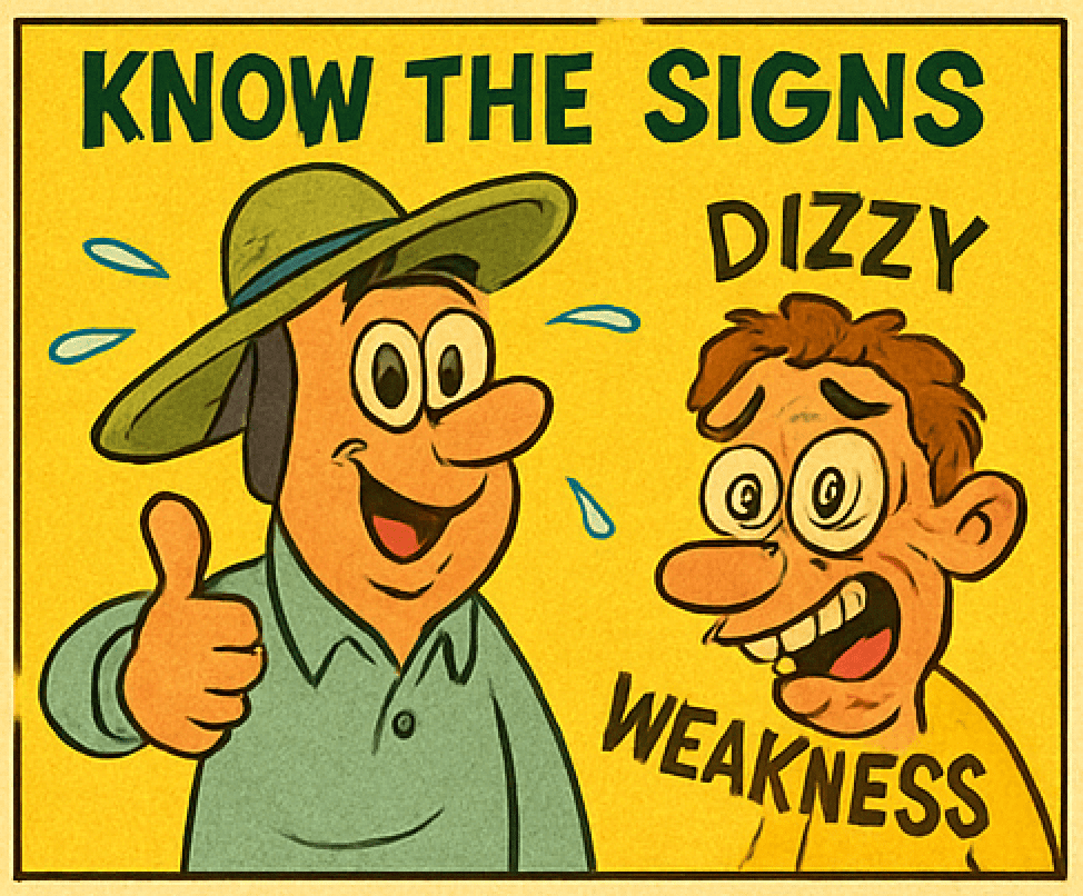 Roofers learning the signs of heat illness, including dizziness and weakness, while working in the Florida heat. Salvo & Sons Roofing safety guide.