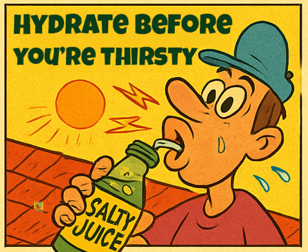 Roofer drinking salty electrolyte juice on a hot Florida roof, emphasizing the importance of hydrating before feeling thirsty. Salvo & Sons Roofing.