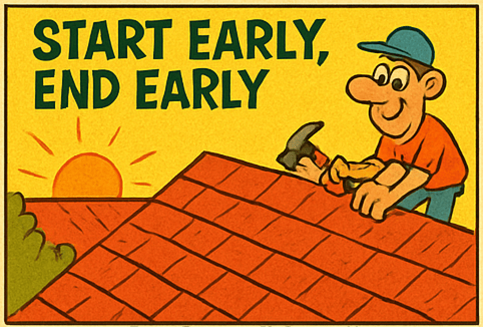 Roofer starting work early in the morning to avoid afternoon heat on a Florida rooftop. Salvo & Sons Roofing safety recommendation.