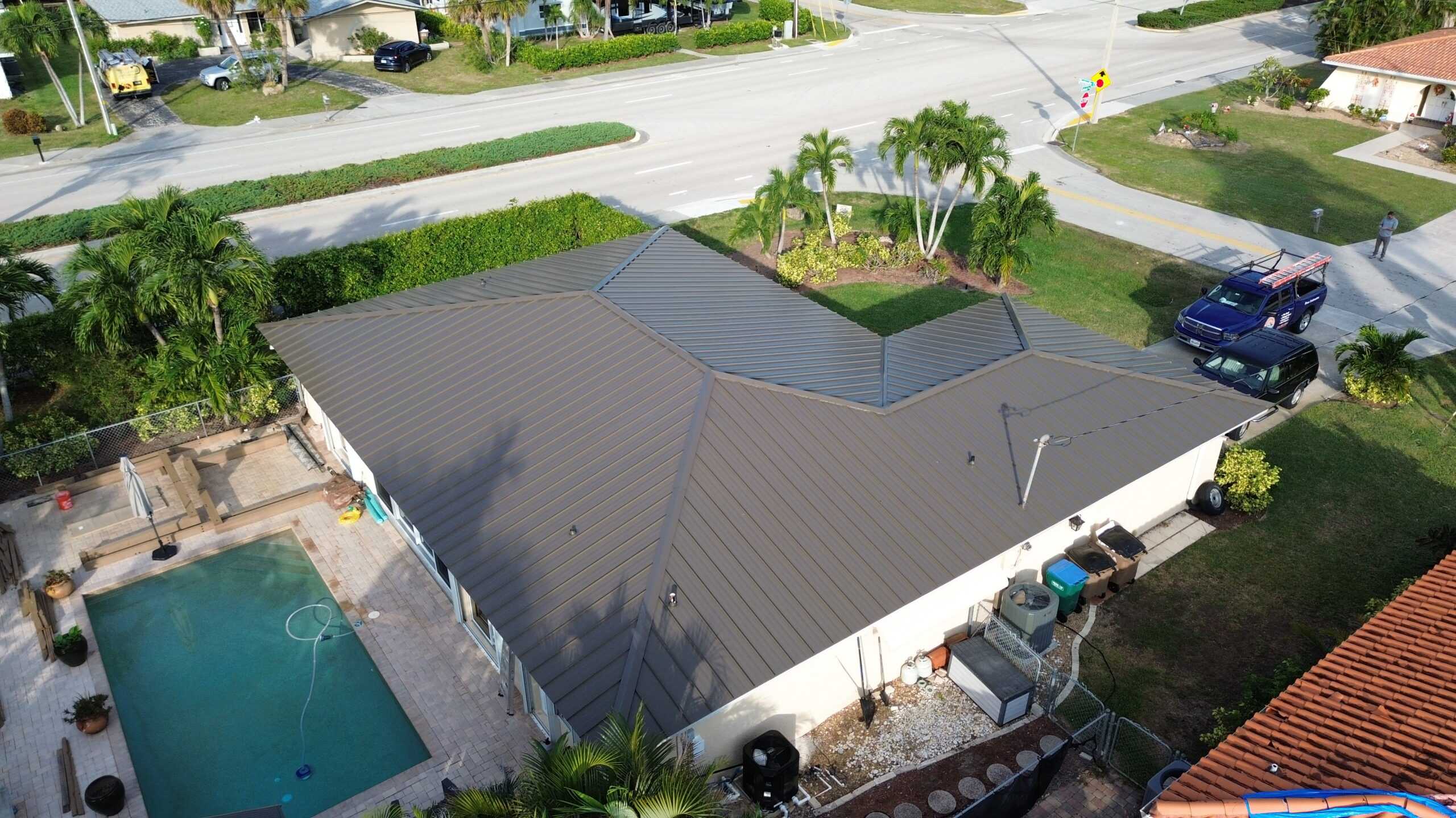 Aerial view of a standing seam metal roof installations