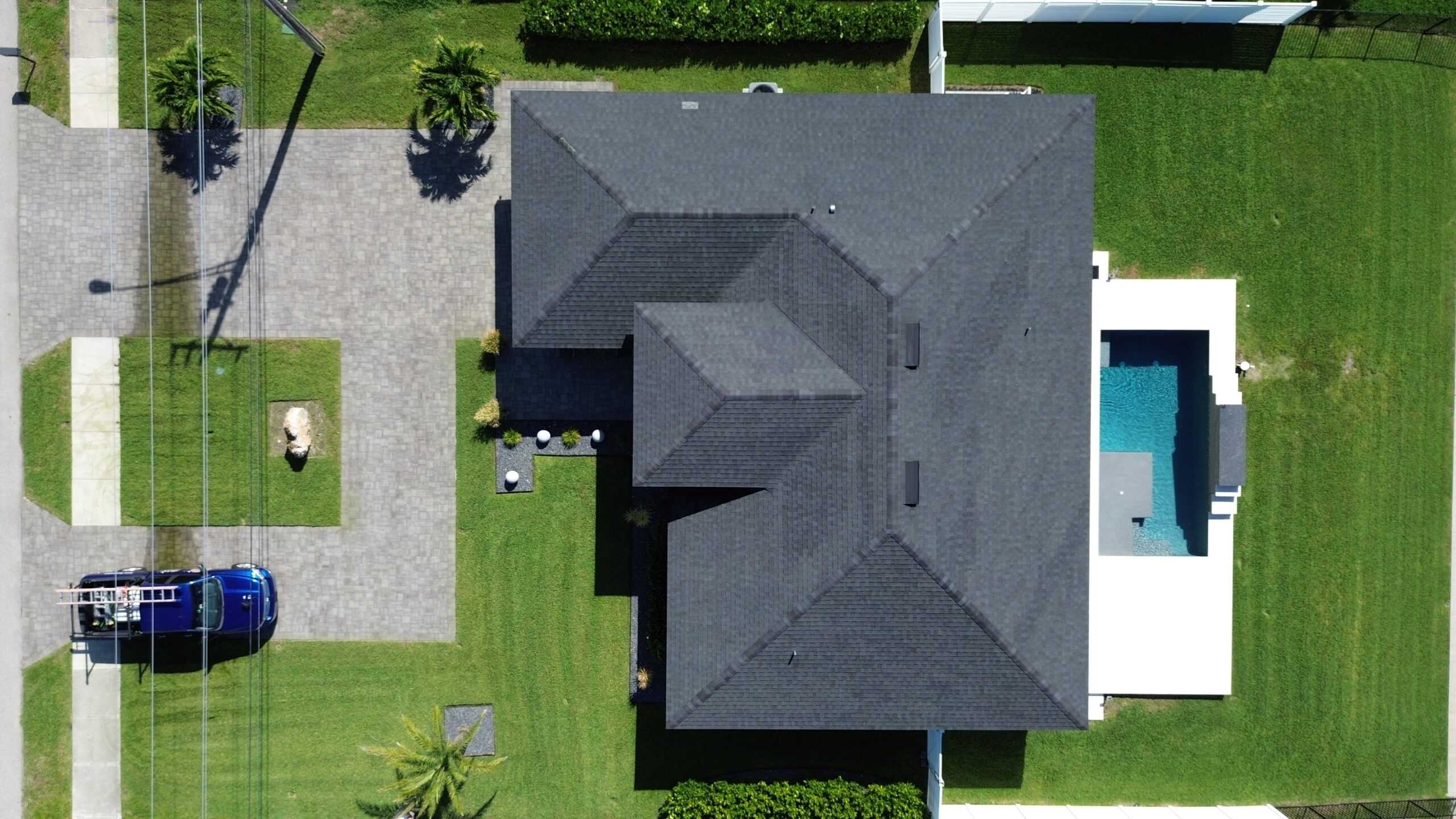 Aerial view of a GAF charcoal shingle roof
