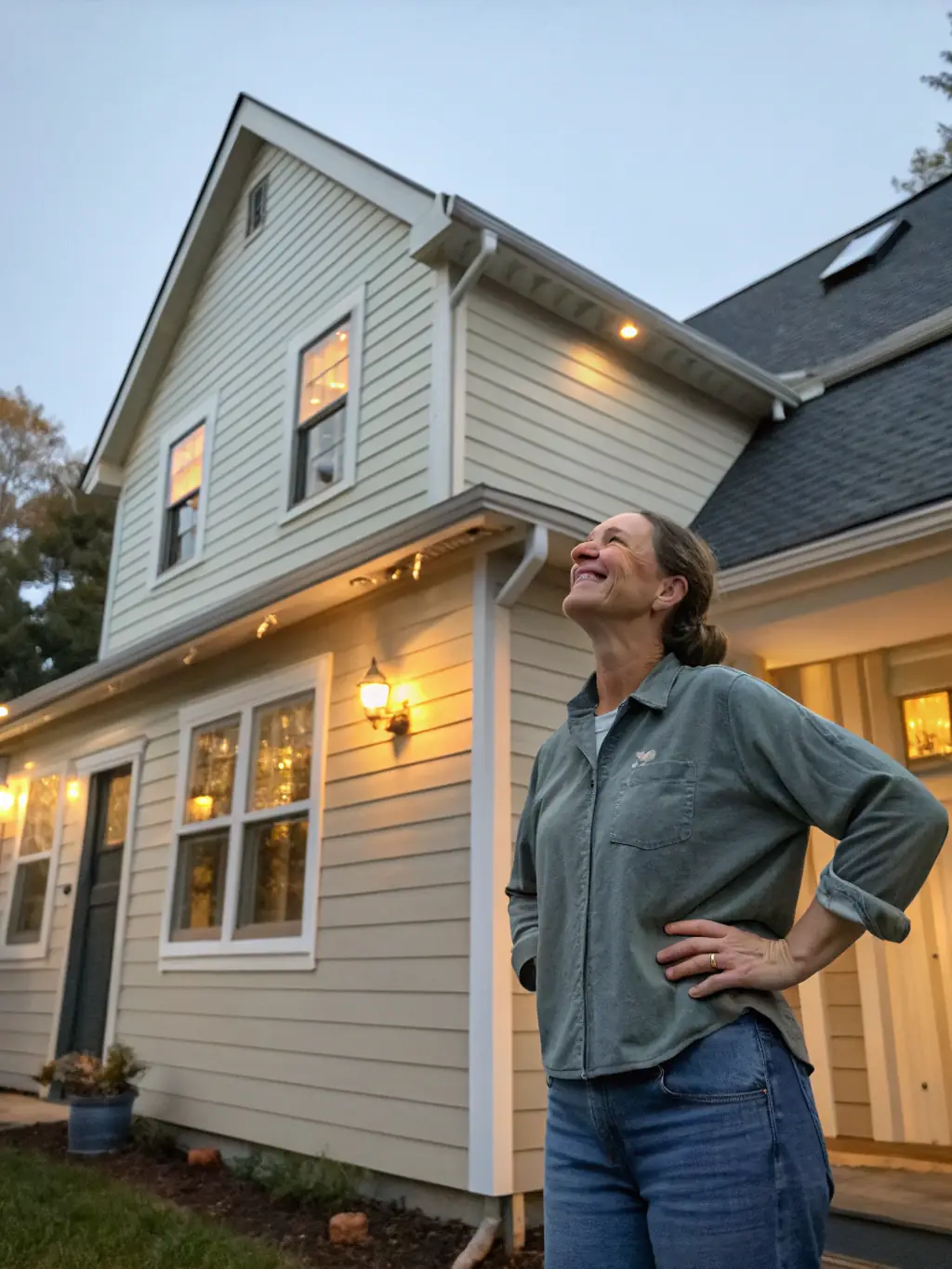 A picture of a happy homeowner standing in front of their newly installed roof by Salvo and Sons Roofing, with a focus on customer satisfaction.