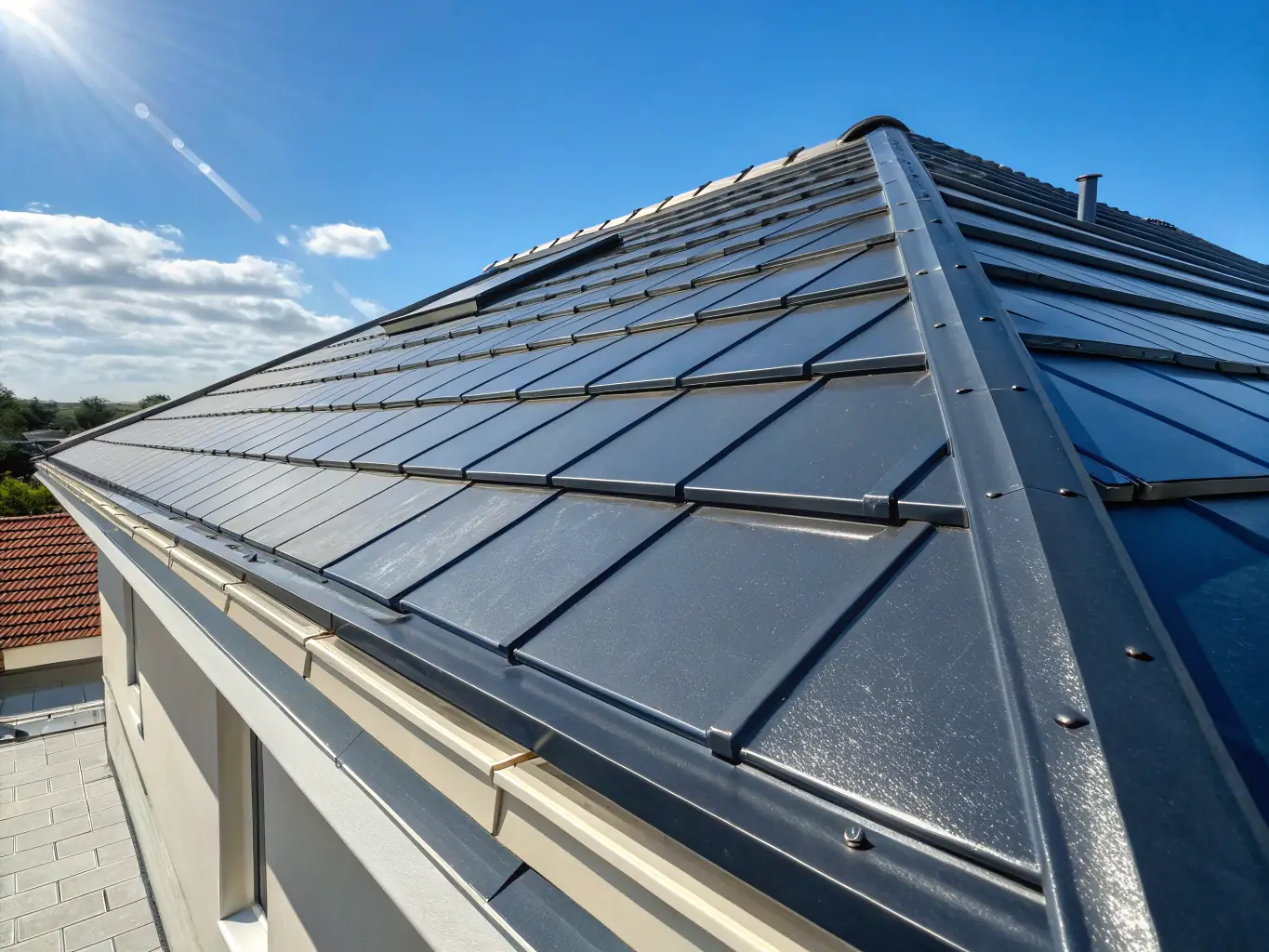 A newly installed metal roof gleams in the sun, showcasing its modern appearance and hurricane-resistant design, highlighting its durability and aesthetic appeal.