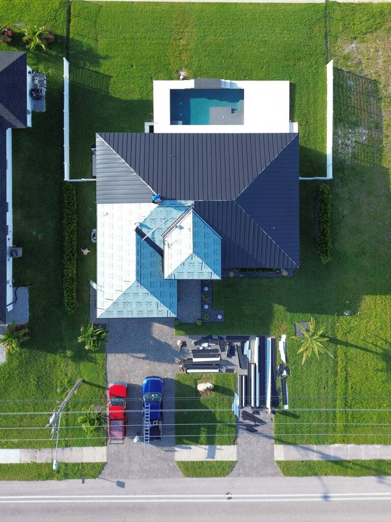 View of in progress residential roof installations in Southwest Florida